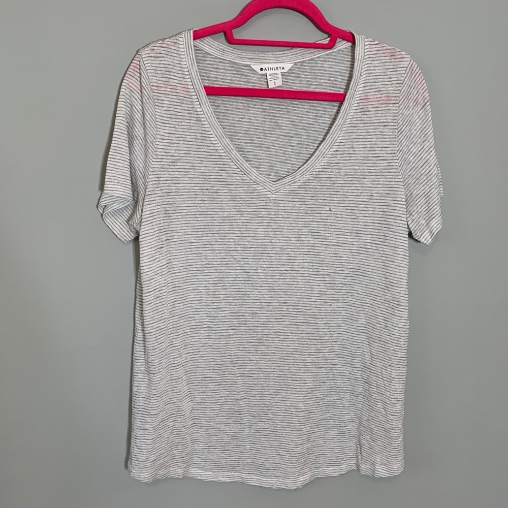 Athleta Gray White Stripe V Neck‎ Short Sleeve T Shirt Top Womens Size Large